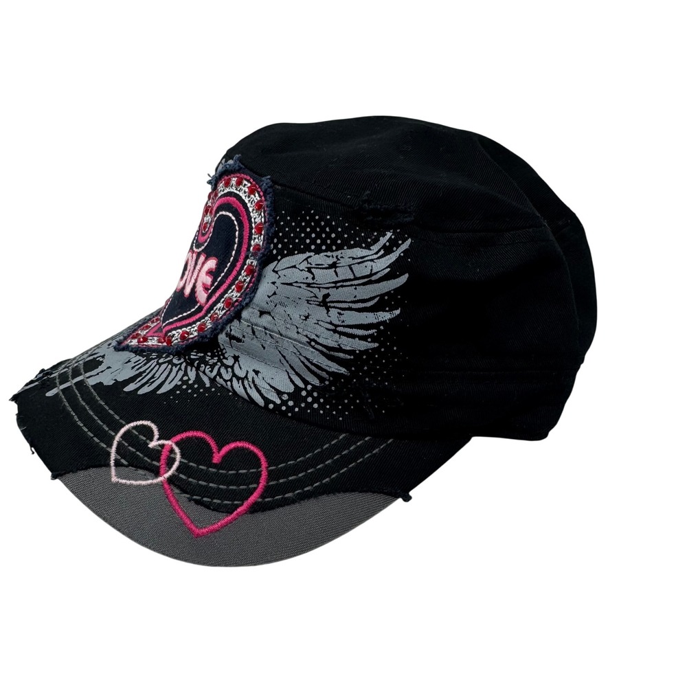 Nyla District Black Cadet Hat Love Heart Rhinestone Wing Distressed Y2K Cap NWOT - Picture 2 of 7